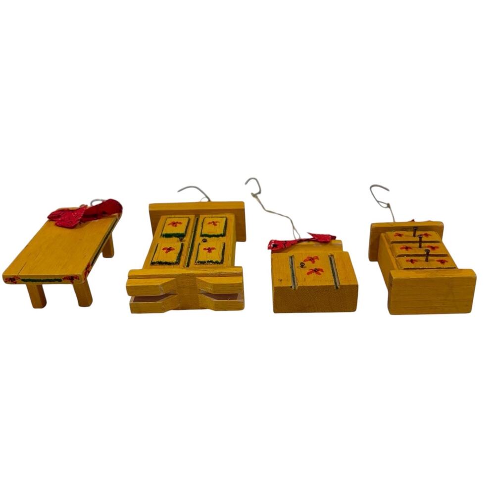 Vintage Wooden Mini Furniture Christmas Ornaments Set of 4 Hand Painted Rustic